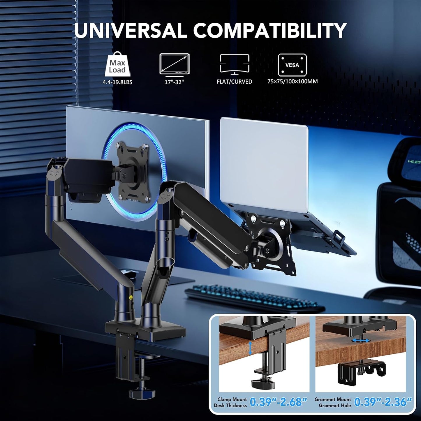 Dual Monitor Stand, Adjustable Monitor Desk Mount for 17″–32″ Computer Screens, Full Motion VESA 75x75/100x100 with C-Clamp & Grommet Aluminum Base, Each Arm Holds 4.4 to 20 lbs AX09DB201