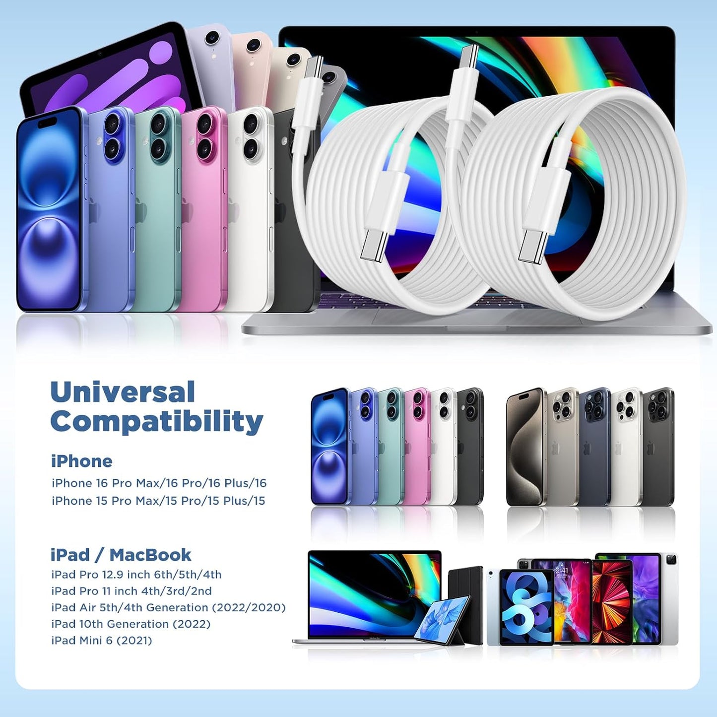 Long USB C to USB C Cable 15FT for iPhone 17 16 15 Pro Max,60W Fast Charging Type C to Type C Charger Cord for iPhone 17 16 15/16 15 Plus/17 Air/17 16 15 Pro, iPad Pro/Air,MacBook,Galaxy S25-White