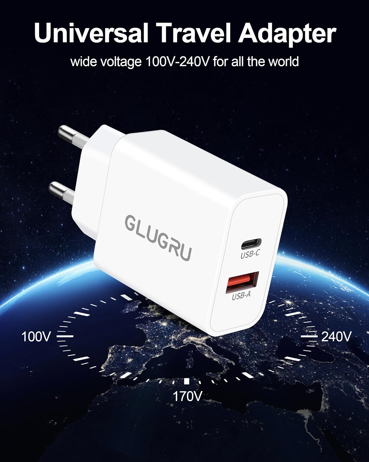 European Travel Plug Adapter, GLUGRU 2Pack 20W Dual Port USB C Wall Charger | Type C Fast Charging Block,International Power Adapter,US to Europe Travel Essentials,for iPhone 17 16 15 14 13 iPad Android