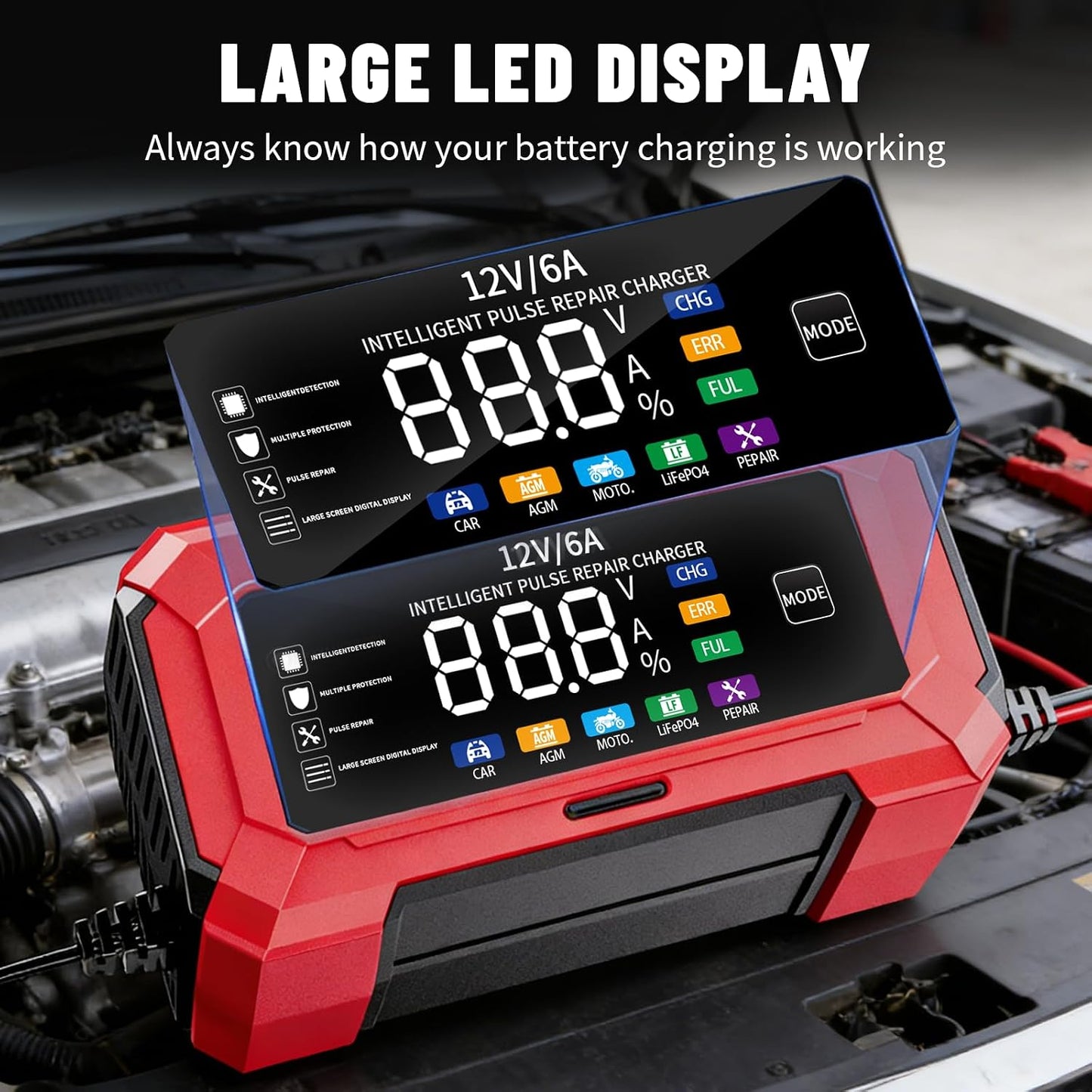 12V Smart Car Battery Charger with LCD Display, Automatic Trickle Charger, Jump Starter Red, Multiple Protection, Pulse Repair Technology, Compatible with 1100/ABS/APRC/RSV4 Models