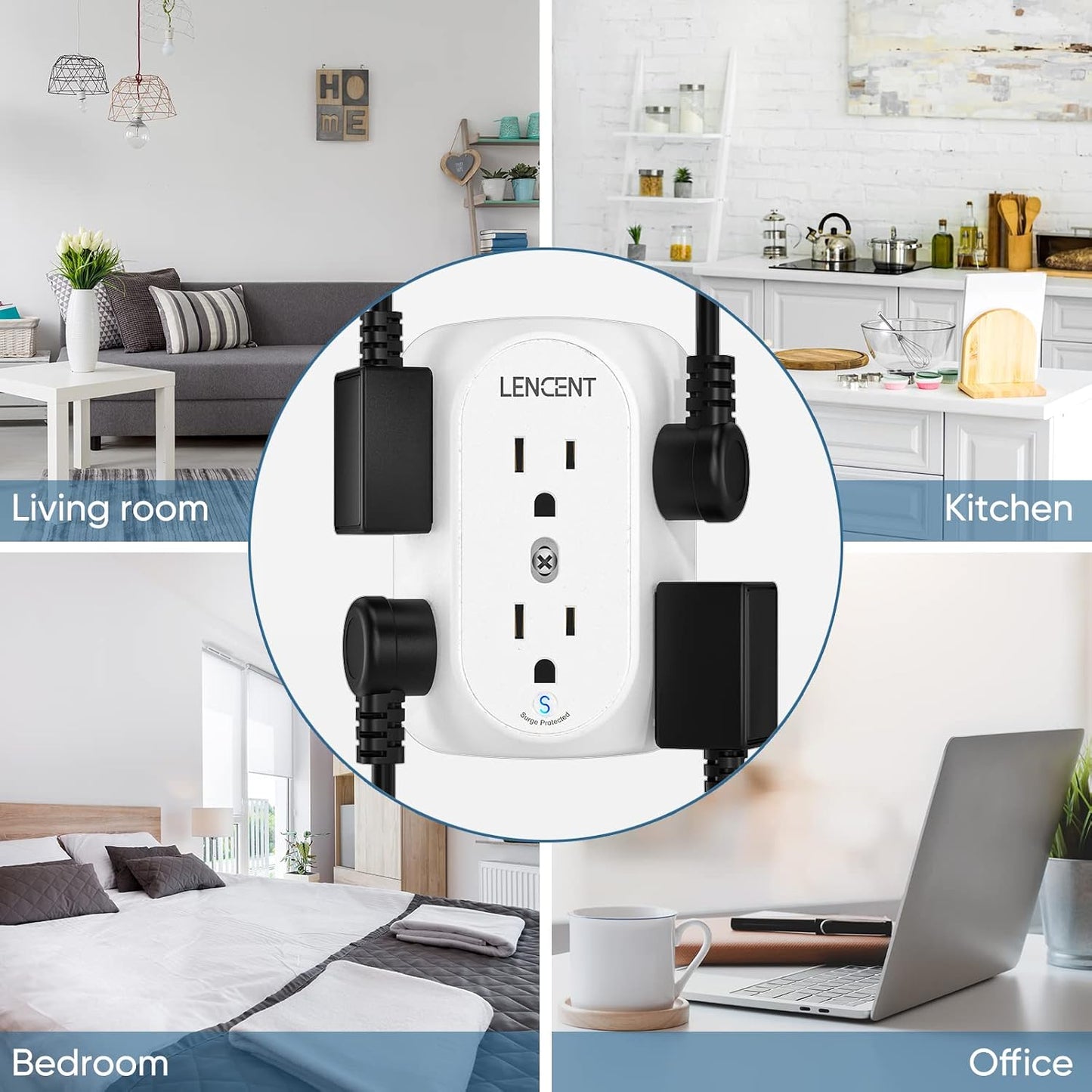 LENCENT 2 to 3 Prong Outlet Adapter, 3 to 2 Prong Grounding Adapter | Surge Protector, Multi Outlet Wall Plug with 6 Outlets, Power Socket Extender for Non Grounded Kitchen Office Older House