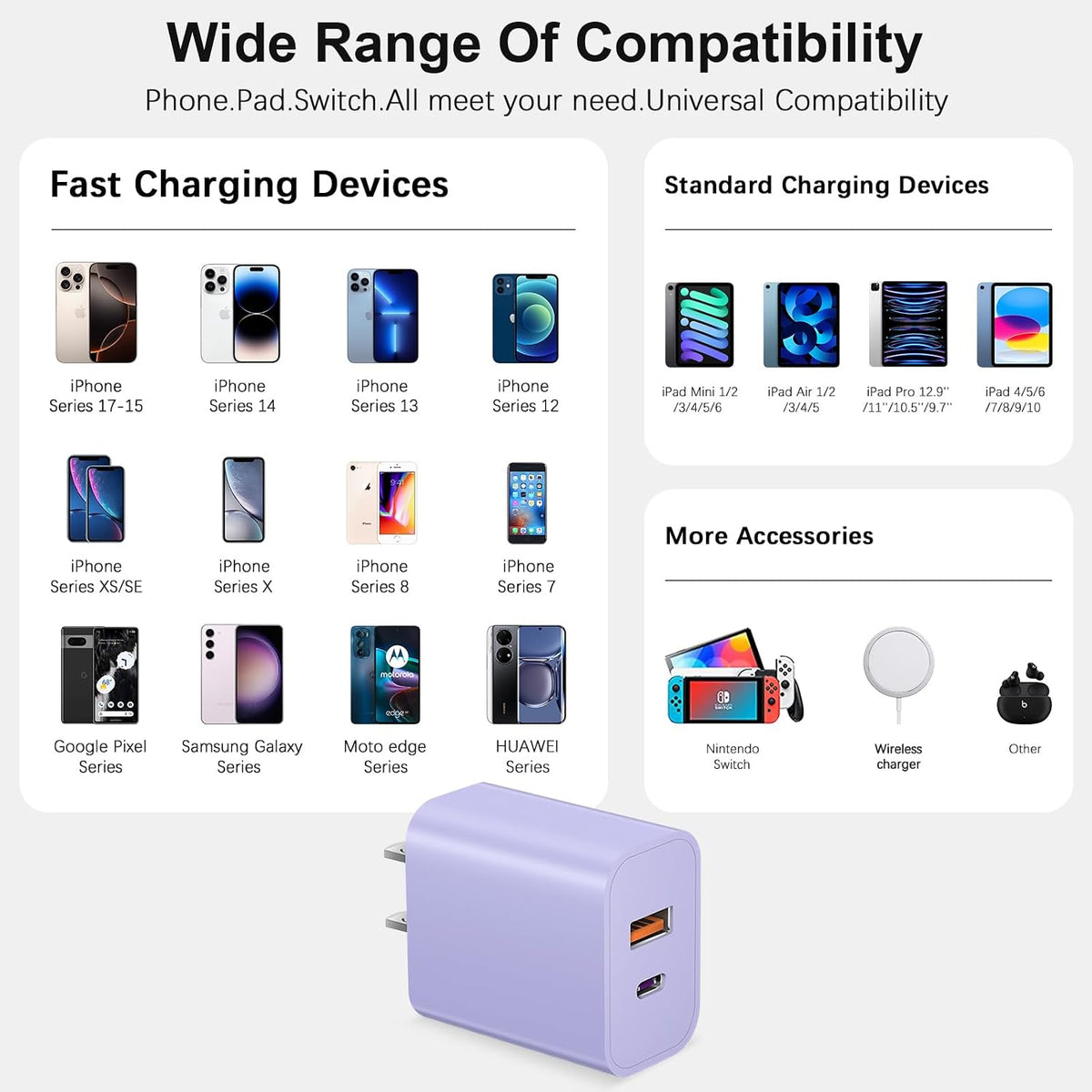 iPhone 17 16 15 Charger Fast Charging USB C Charger Block Type C Chargers Charging Block with 3 Pack 10FT Cable for iPhone 17/17 Plus/17 Pro Max/16/16 Plus/16 Pro Max/15 Pro Max/iPad Pro (Purple