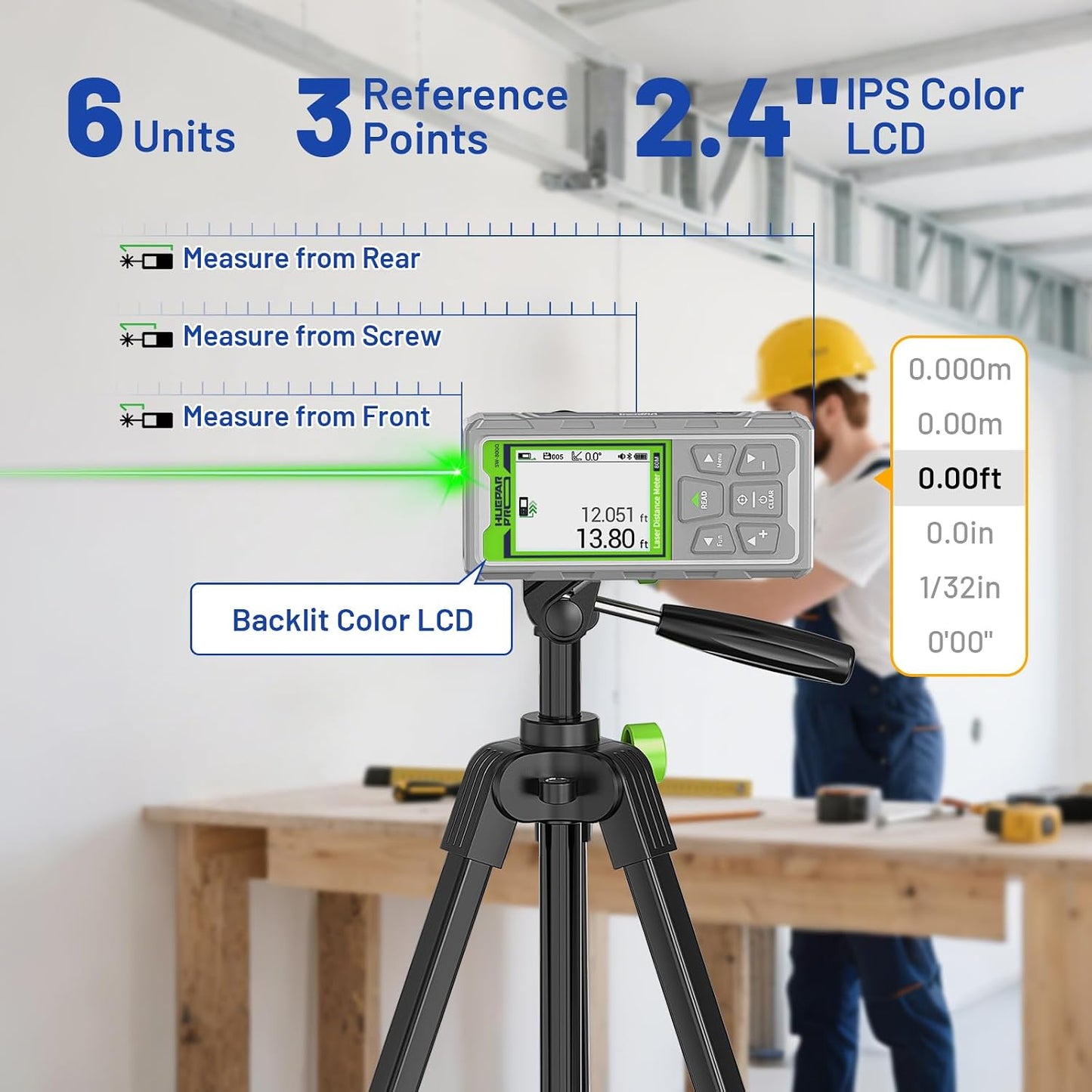 Huepar Pro Laser Measuring Tool, 260Ft Outdoor Laser Measure with Camera&Bluetooth Connected, Green Laser Distance Meter with P2P Technology, Free APP, IP68, Micro USB Cable, Hand Strap&Pouch-SW-80GQ