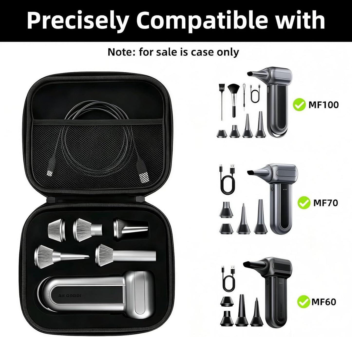 MGZNMTY Hard Case Compatible with WOLFBOX MF100 /MF50 /MF60 /MF70 Electric Air Duster - Custom Sponge Insert for Air Duster and 5 Nozzles (Only Case) (Black)