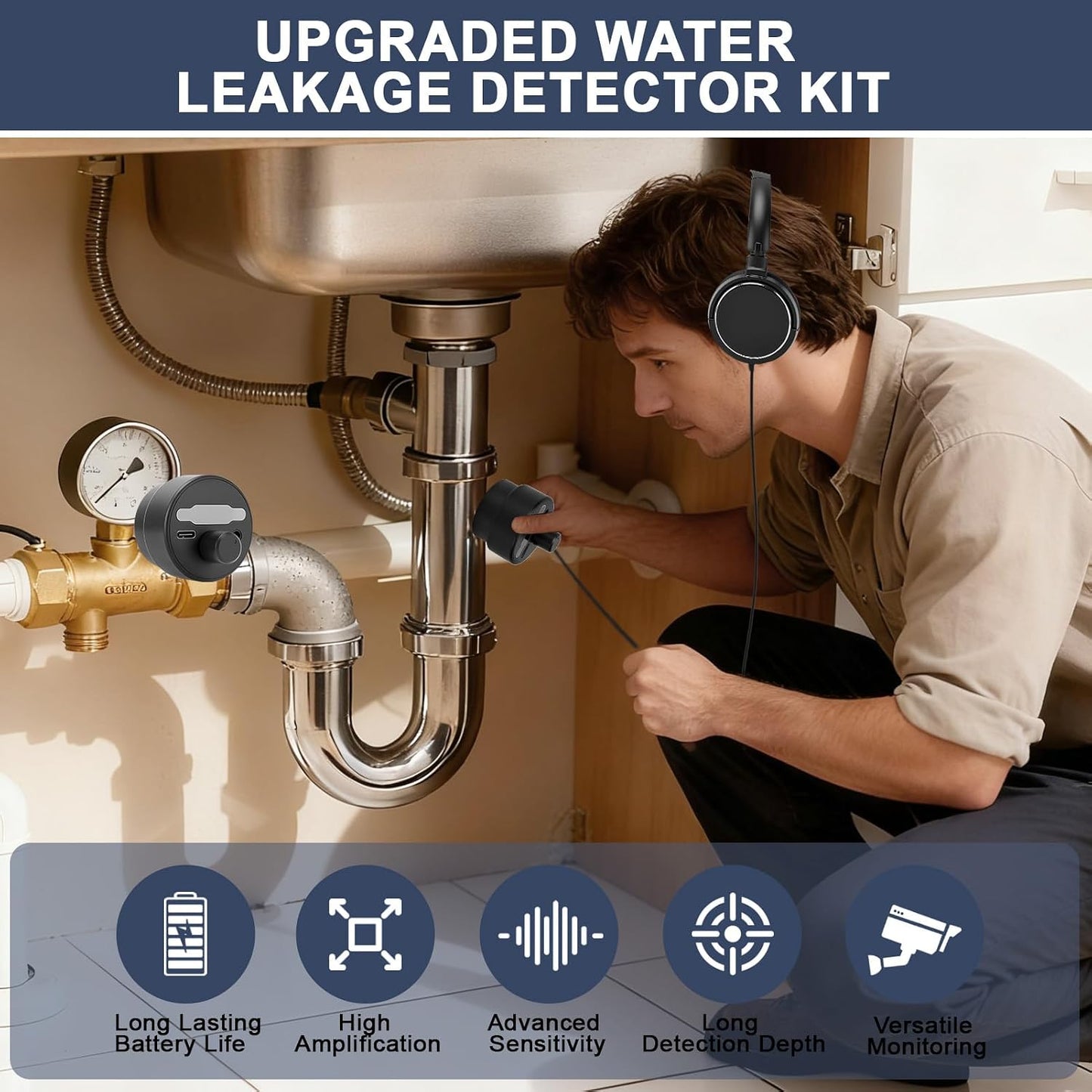 Water Leak Detector,Underground Water Leak Detector With Headphones,Water Leak Detector Tool with 5 Detection Lights,High Sensitive Sound Intensifier Water Leak Detection Device (With Large Earphones)
