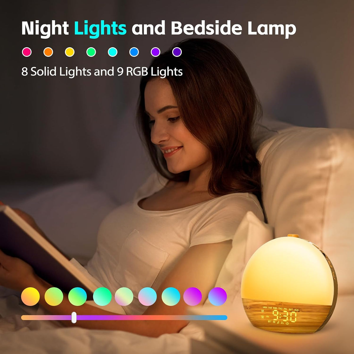Geuuap Sunrise Alarm Clock, Noise Sound Machine Night Light, Wood Grain