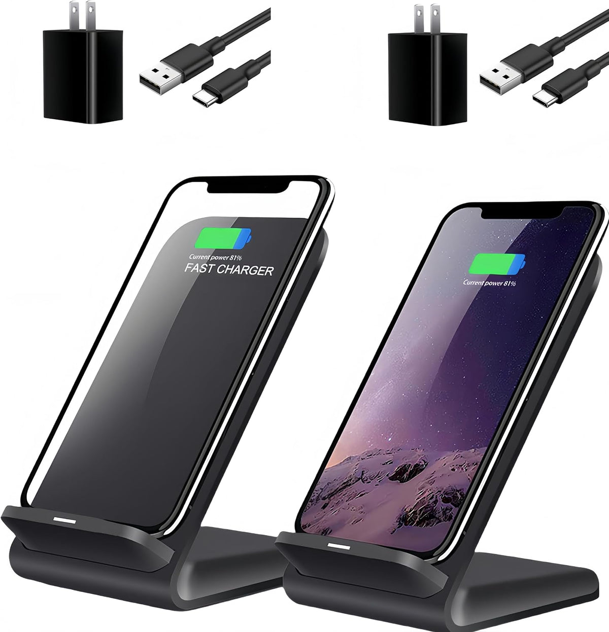 2 Pack Wireless Charging Stand, 20W Fast Charging Stand with QC3.0 Adapter for Samsung Galaxy S25/S25+/S25 Ultra/S24/S23/S22/S21/Note, for iPhone 17 Air Pro Max/16/15/14/13/12/11 Series, and More.
