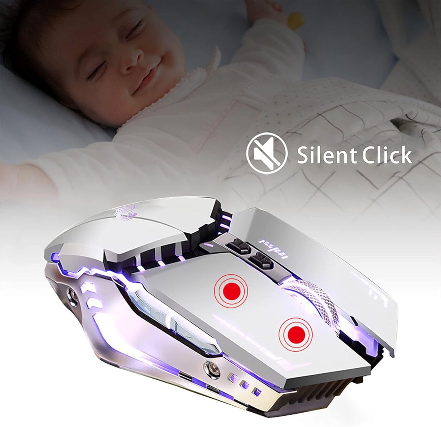 TENMOS T12 Wireless Gaming Mouse, Silent Rechargeable Computer Mice-Silver | 2.4GHz Optical, 7 Color LED Lights, Quiet Click,Side Buttons,3 Adjustable DPI,Ergonomic Design, Nano Receiver,USB C Charging