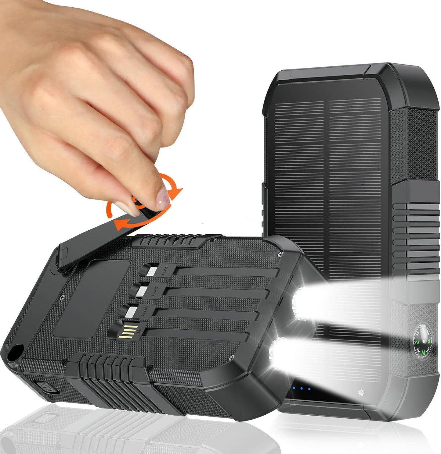 Solar Power Bank 66800mAh Built in Hand Crank for Camping and Hiking | Fast Charge,4 Built in Cable, 5 Outputs & 3 Inputs Multi Device Charging,Camping Essentials/SOS/Flashlight/Compass,Waterproof