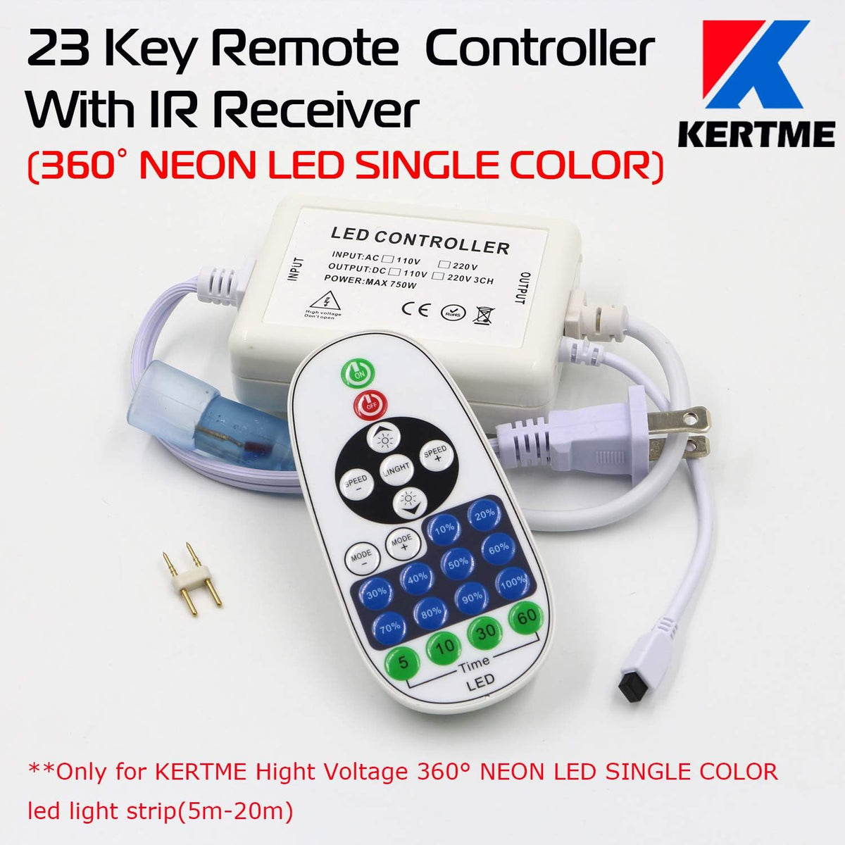 360° Neon Led Type AC 110-120V 360 Degree NEON LED Light Strip, Flexible/Waterproof/Dimmable/Multi-Modes LED Rope Light + Remote for Home/Garden/Building Decor (65.6ft/20m, Green)