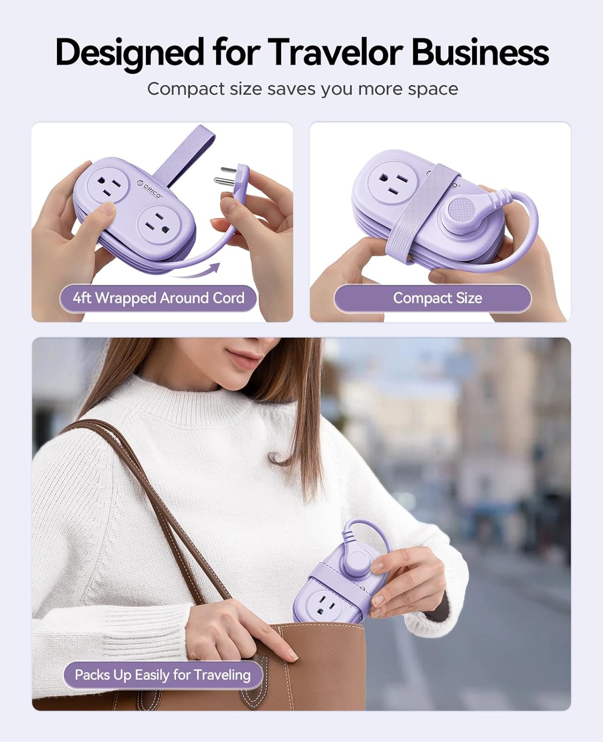 ORICO Purple Cruise Approved Travel Power Strip with 4FT Extension Cord | 4 AC Outlets, 2 USB-A Ports, and 1 USB-C Port, with Non Surge Protector for Travel/Dorm/Office ETL Listed -AP3