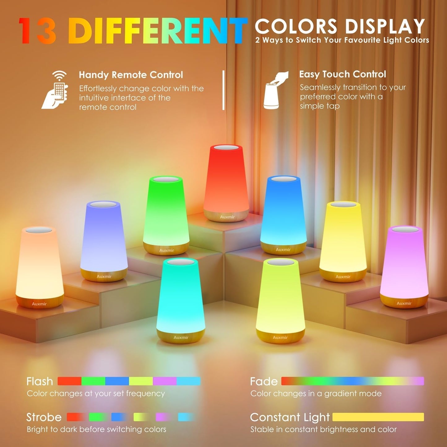 Auxmir Rechargeable Night Light, Remote Control Lamp, Light Brown-2 Pack | touch control, 13 colors, 5 brightness levels, 4 lighting modes, 1/2/4/6-hour auto-off, portable for nursery and camping