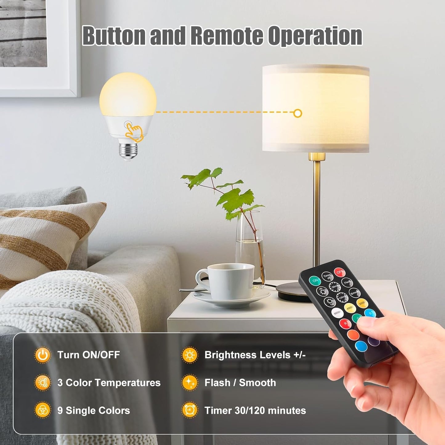 Brightown E26 Rechargeable Light Bulb with Remote and Timer | Magnetic Base, Battery Backup Bulb for Sconce, Lamps and Non-Hardwired Fixtures, 3 Color Temperatures + 9 RGB Colors, 2 Pack