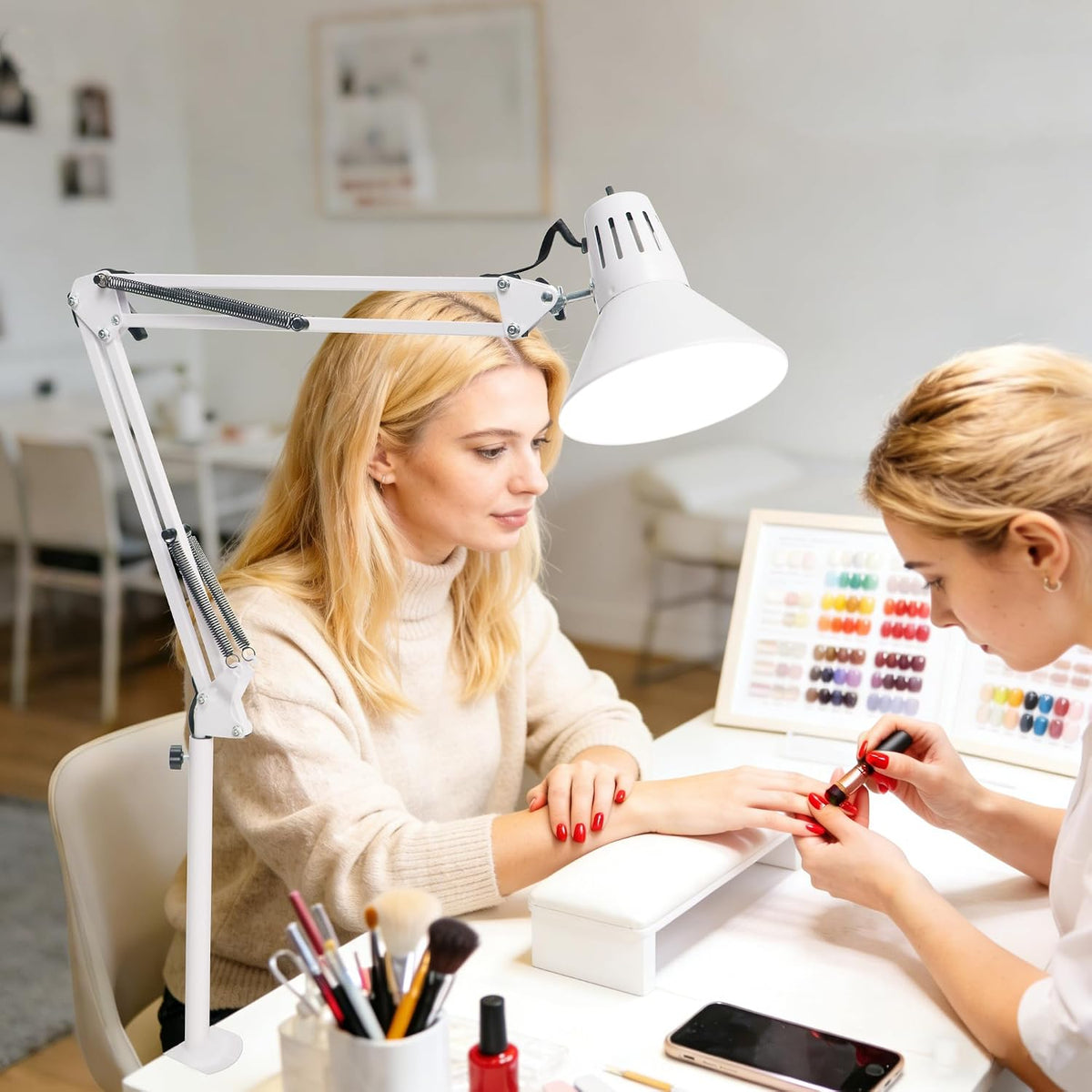 White Desk Lamp with Clamp, Extra-Tall Adjustable Metal Swing Arm, 5000K