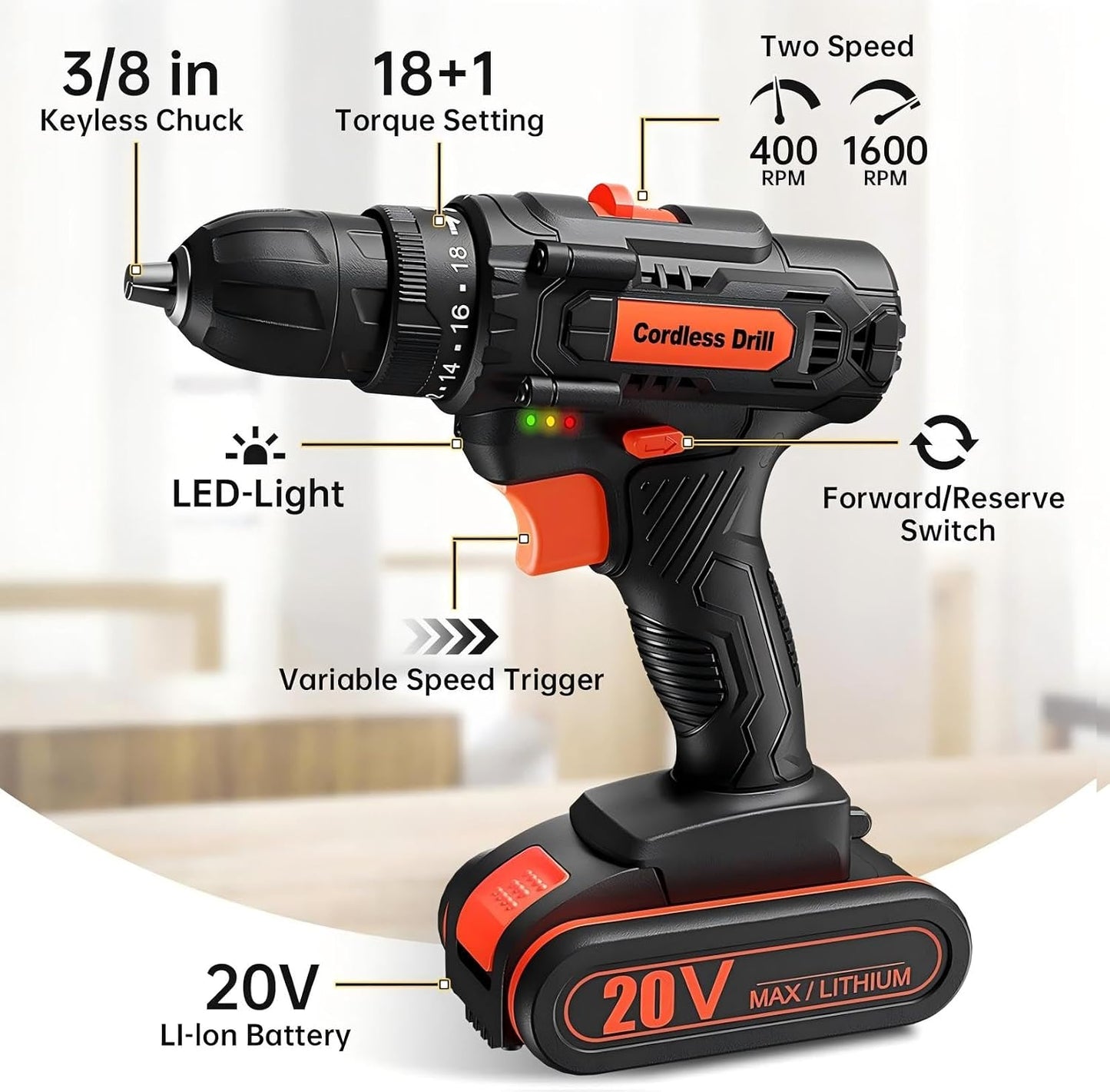 20V Cordless Drill Driver Set, Electric Power Screwdriver Drill with 2.0Ah Battery, 3/8" Keyless Chuck, 18+1 Torque Settings, 2 Speed, LED Light, 42PCS Accessory Kit