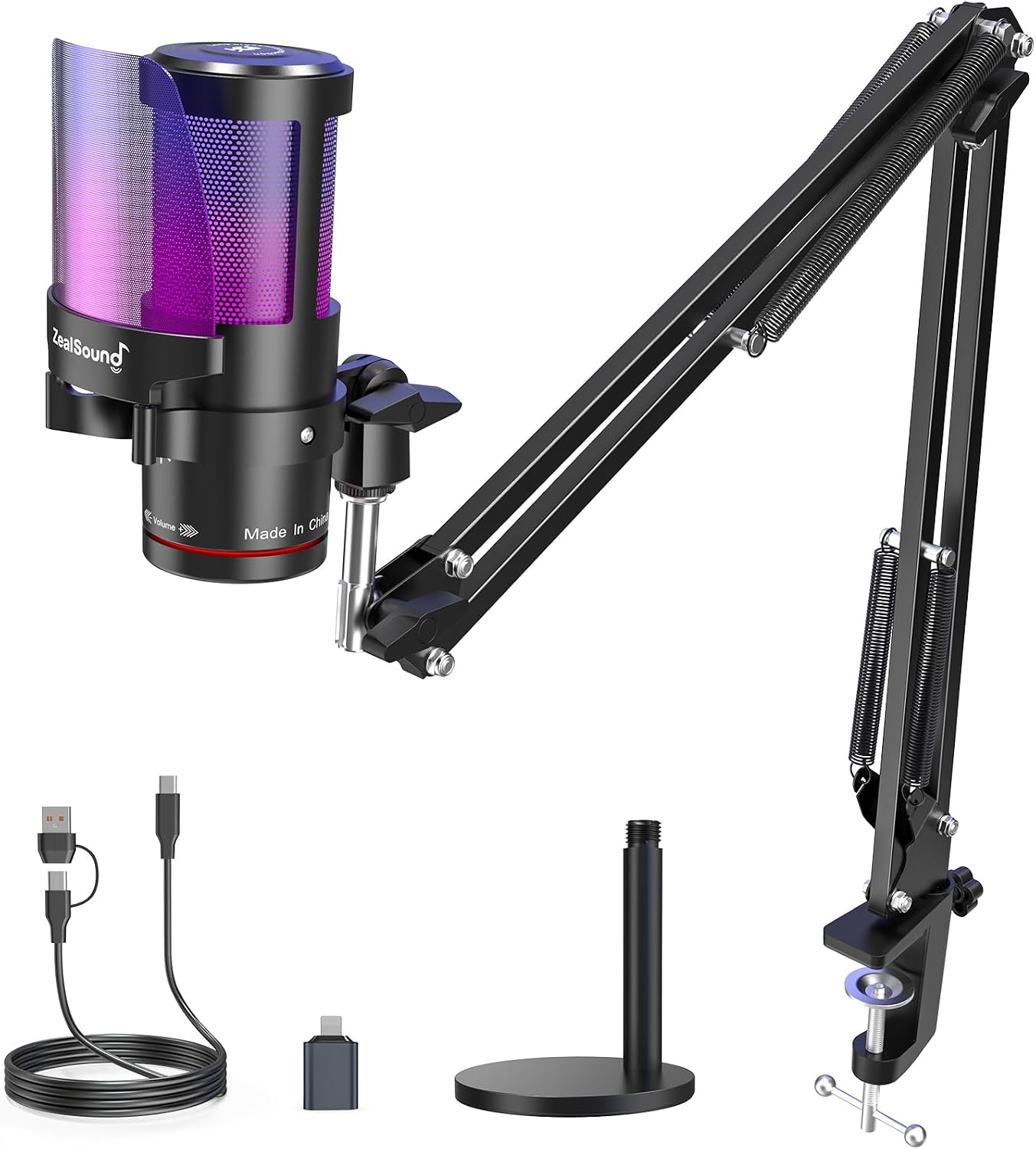 ZealSound Podcast Microphone with Boom Arm, USB Mic with Noise Reduction, Mute, Echo & Volume Control, Zero-Latency Monitoring, Compatible with PC Mac iPhone & Android, for Podcasting Gaming YouTube