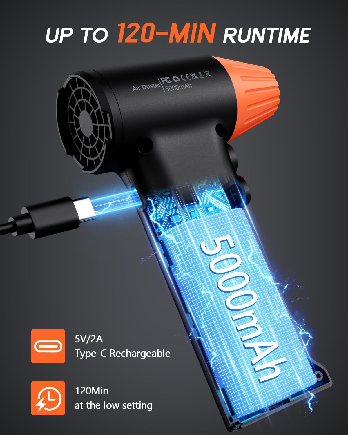 ATEngeus HF600-Pro Compressed Air Duster, 130000RPM Super Power Cordless Electric Air Duster, Rechargeable Handheld Air Blower for PC, Keyboard, Devic