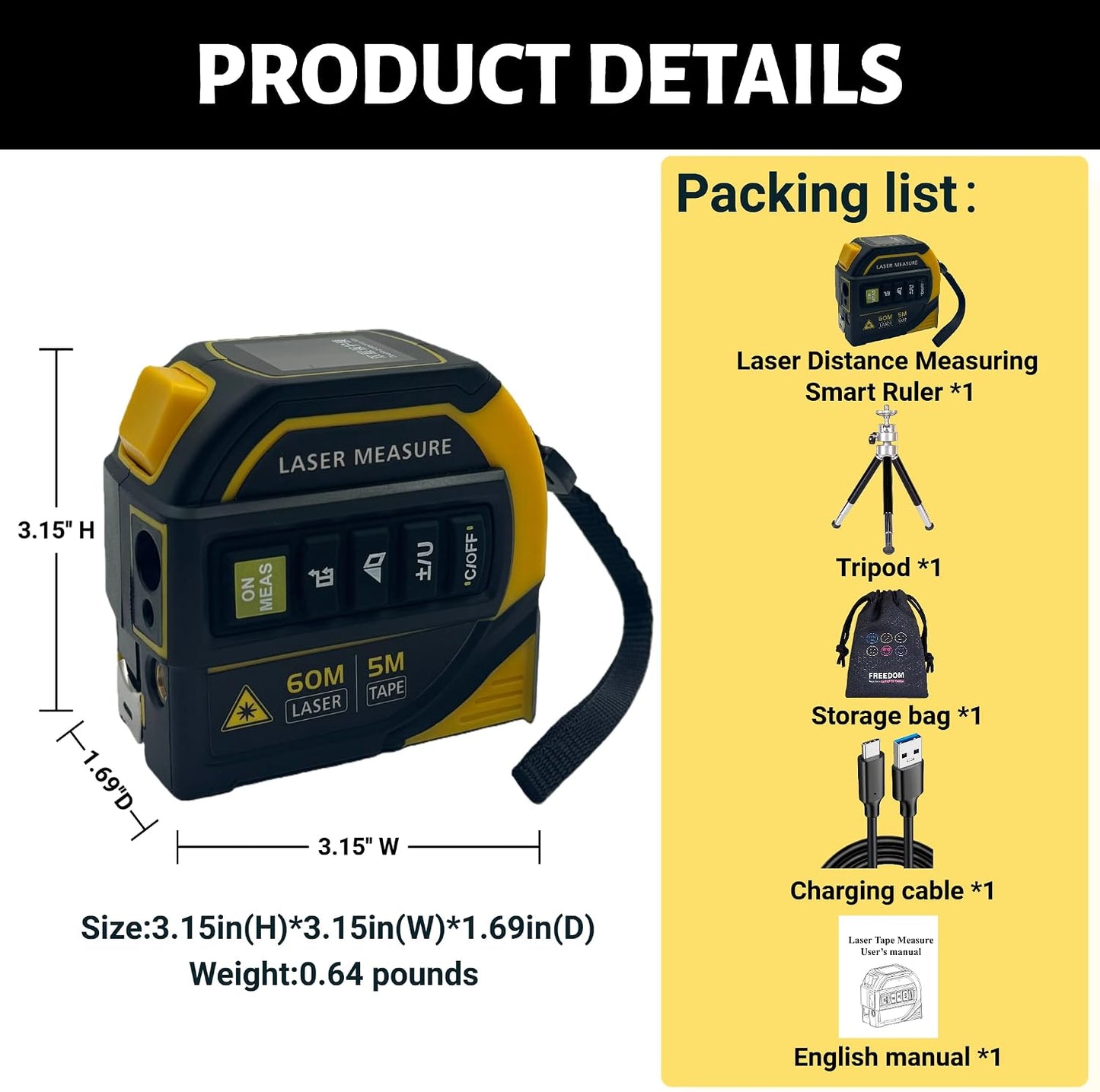 4-in-1 Laser Tape Measure with Level,16Ft Ruler,197Ft Laser | Almighty Digital Laser Distance,Heavy-Duty Tool with Crosshair,Smart Range Finder,Easy-Read Display,Rechargeable