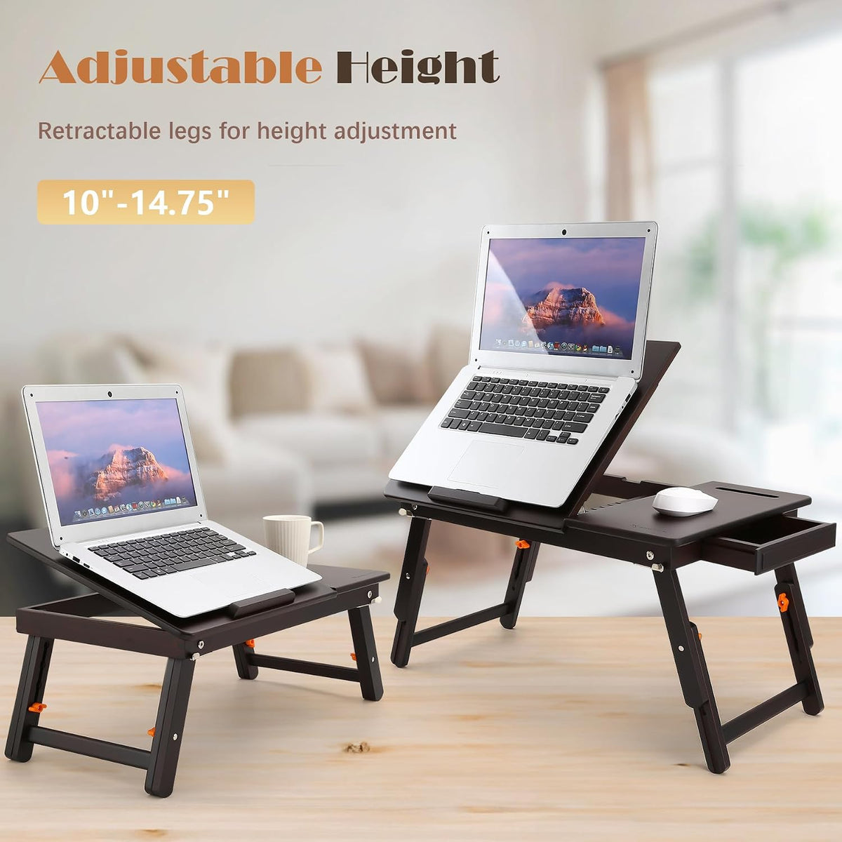 Nnewvante Laptop Desk with Fan 7 Angles & 4 Heights Adjustable,Black Walnut | Bamboo Foldable Lap Desk with Drawer, Phone Slot for Bed Floor