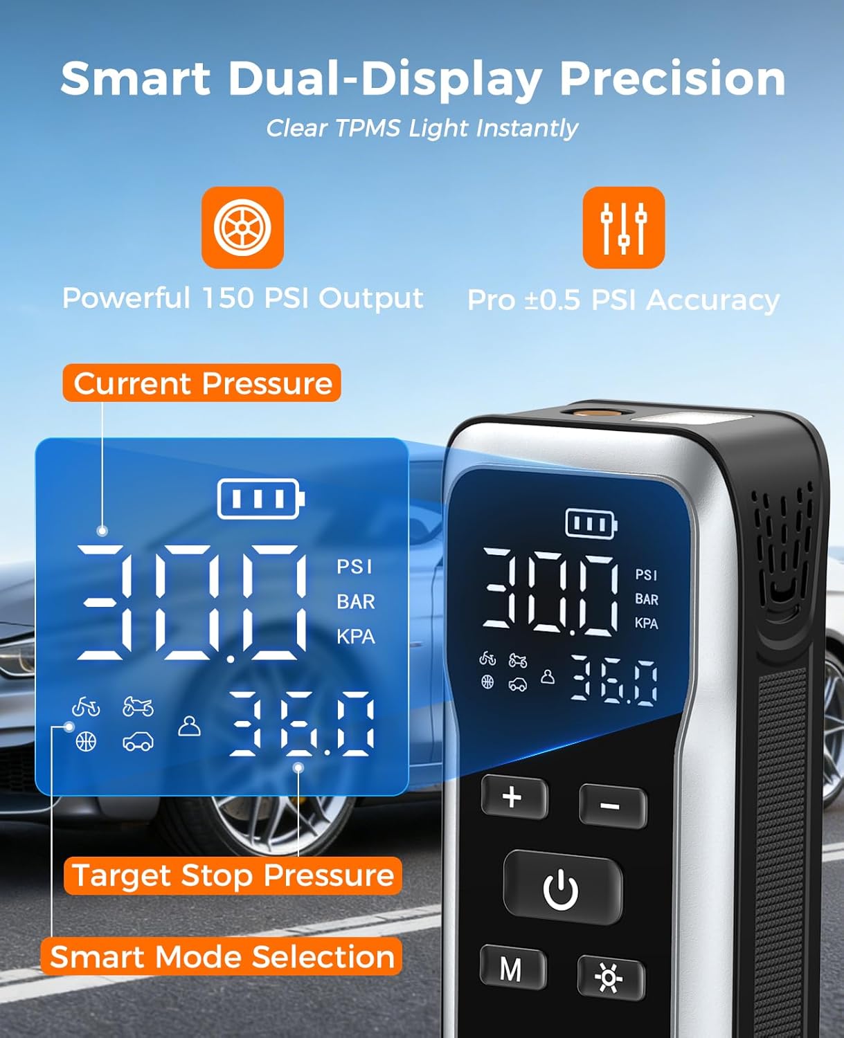 JUSUOX Tire Inflator Portable Air Compressor, Dual Power Air Pump | 150PSI Cordless & 12V DC Power, Large Capacity Battery, Digital Gauge, LED Light, Auto Shut-Off, for Car, Moto, Bike, Ball
