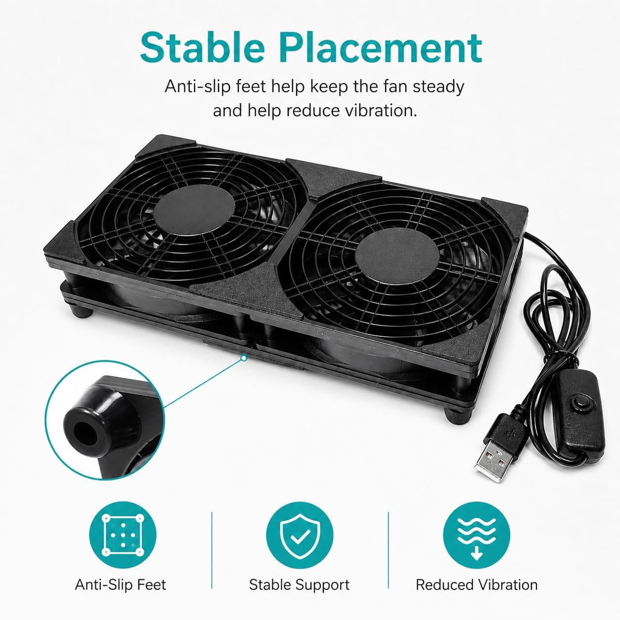 240mm Dual USB Cooling Fan, 2 x 120mm 5V USB Powered Cooling Fans with Inline On/Off Switch, Quiet Fan for Router, TV Box, Receiver, DVR, Laptop, AV Cabinet and Electronics