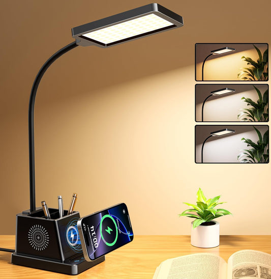 LED Desk Lamp for Dorm Office, 15W Wireless Charger Pen Holder, Black | Desk lamps for Home Office, 15W Wireless Charger, 3 Color Modes 4 Brightness Leves CRI 95, 800 LM Small Table Lamp for Dorm