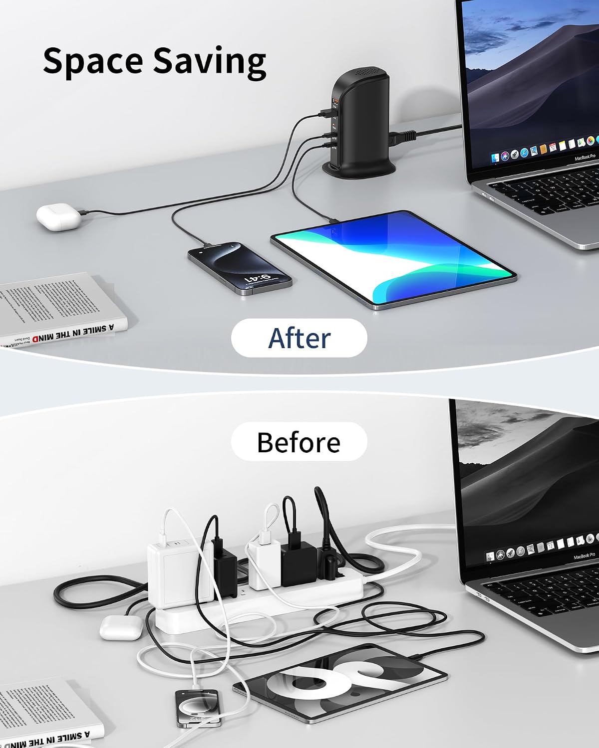 Charging Station for Multiple Devices: 5 USB Ports Wall Charger Block with Extension Cord, PD 20W Fast Charging Hub Charger Tower for iPhone iPad Tablets Smartphones, Home Office Use (Black)