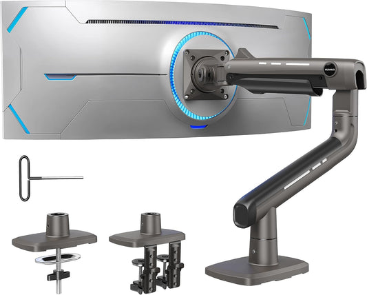 HUANUO TitanLift Heavy Duty Monitor Arm for Screens up to 49", Holds 44 lbs, Aluminum Ultrawide Screen Monitor Mount, Fully Adjustable Single Gaming Desk Mount with Dual C-Clamp, Max VESA 100x100mm