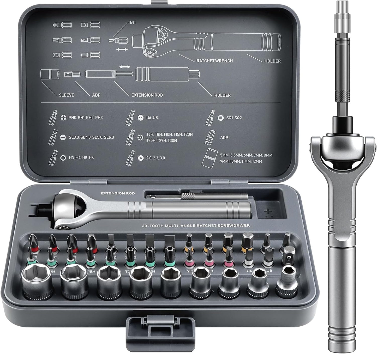 Magnetic Screwdriver Set 40-in-1 Ratchet Screwdriver Tool Kit with 270° Ball-Joint Handle - Portable CRV Bits Precision Repair Tool Set for Electronics,Computer,Phone,Bikes, Watches,Camera