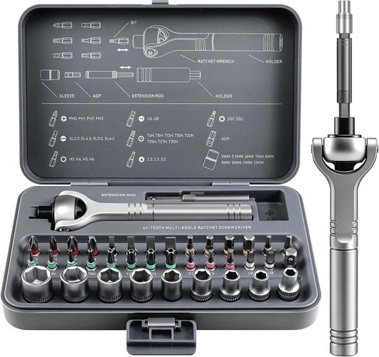Magnetic Screwdriver Set 40-in-1 Ratchet Screwdriver Tool Kit with 270° Ball-Joint Handle - Portable CRV Bits Precision Repair Tool Set for Electronics,Computer,Phone,Bikes, Watches,Camera