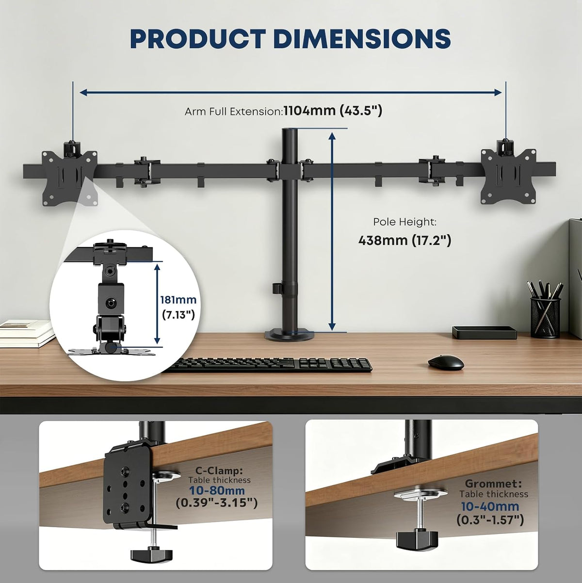 Dual Ultrawide Monitor Mount for 17-40'', up to 19.8lbs/arm