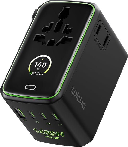 Epicka Pulse Duo 140W Universal Travel Adapter PD 3.1, 2AC/2USB-C/2USB-A | International Power Adapter with Smart Display, 3.28ft Cable, PPS Fast Charging for MacBook/iPhone