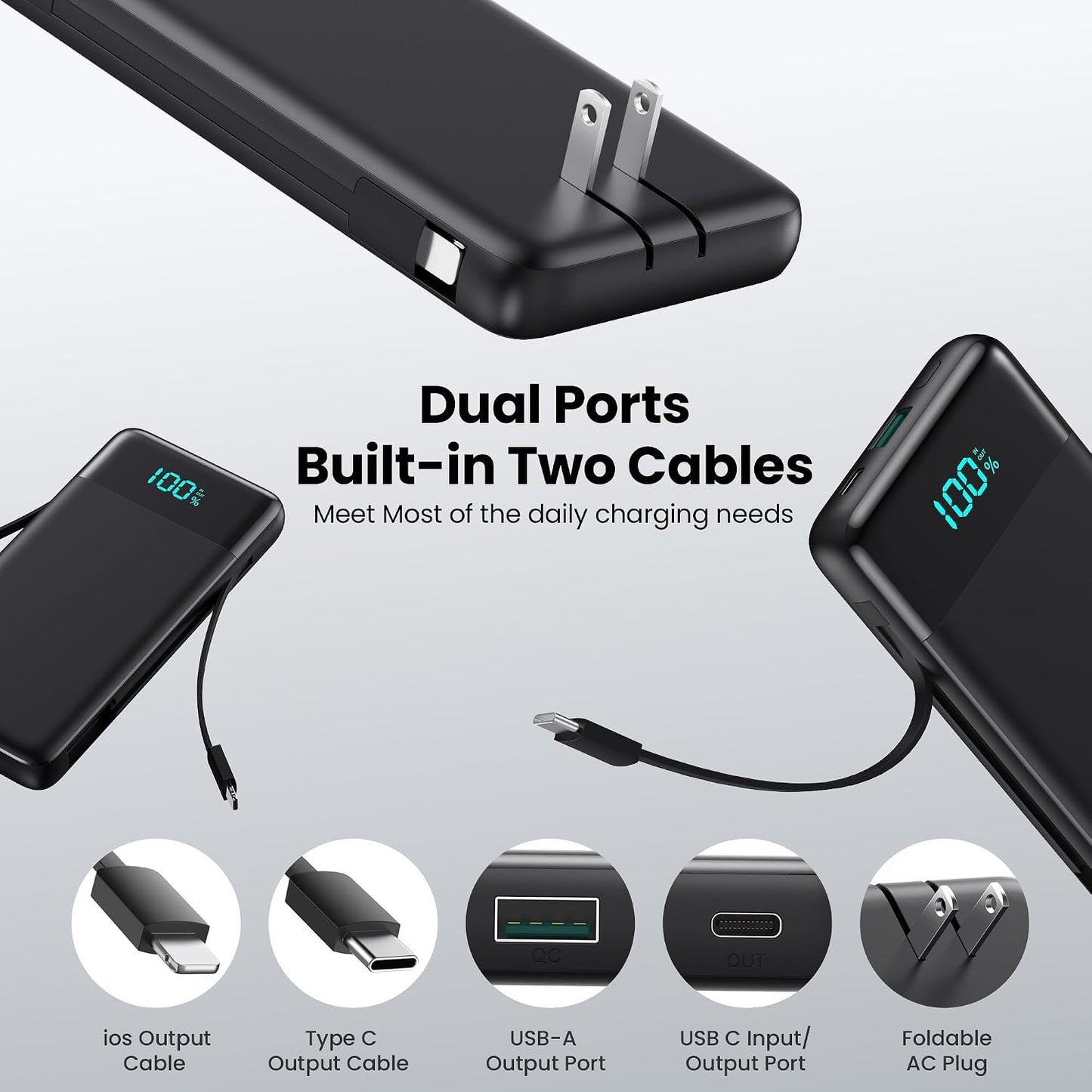 Portable Charger with Built-in AC Plug and Cables,13800mAh All in One USB C Fast Charging Power Bank,Travel Essentials Portable Phone Charger Battery Pack for iPhone 17/16/15/14/13,Galaxy,Android etc