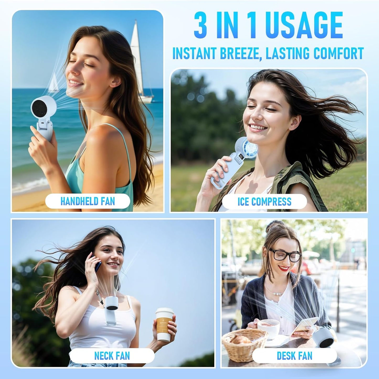 PlayHot Portable Handheld Cooling Fan, Travel Essentials, Gifts for Women | Instant Cooling, 10m/s Airflow, 5-Speed, 10H Max, USB-C Rechargeable, LED Display, 3-in-1 Foldable for Cruise, Beach Vacation