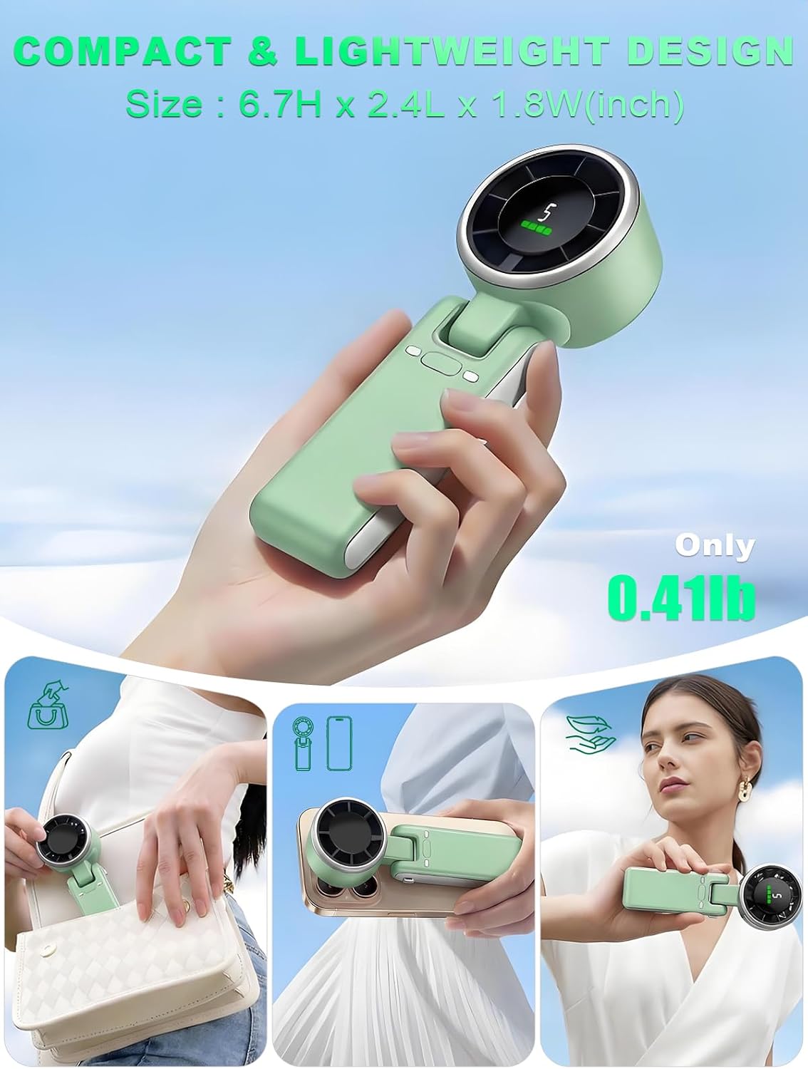 Portable Handheld Turbo Fan, 5 Gear Wind, Battery Operated, Up to 13 Working Hours Rechargeable Fan, 3 IN 1 Hand Fans with Air Turbo Tech Cooling Fan for for Travel, Beach, Outdoor - Green