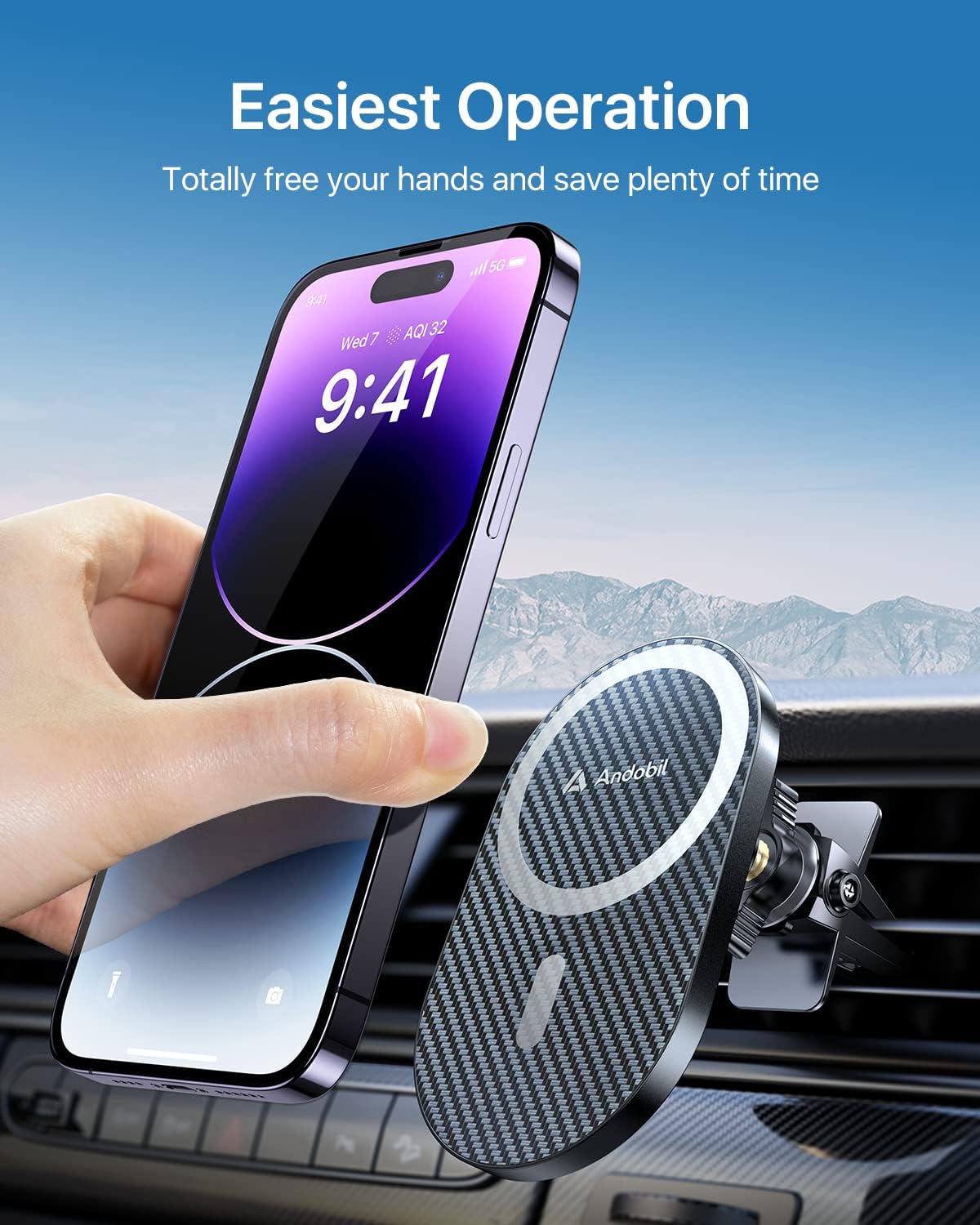 andobil Upgraded for Magsafe Car Mount Pro [Strongest Magnet, Big Phone Friendly] 360° Rotation Magnetic Phone Holder for Car Vent for iPhone 17 Pro Max 16/15/14/13/12 Samsung S26/S25 (Carbon Fiber)