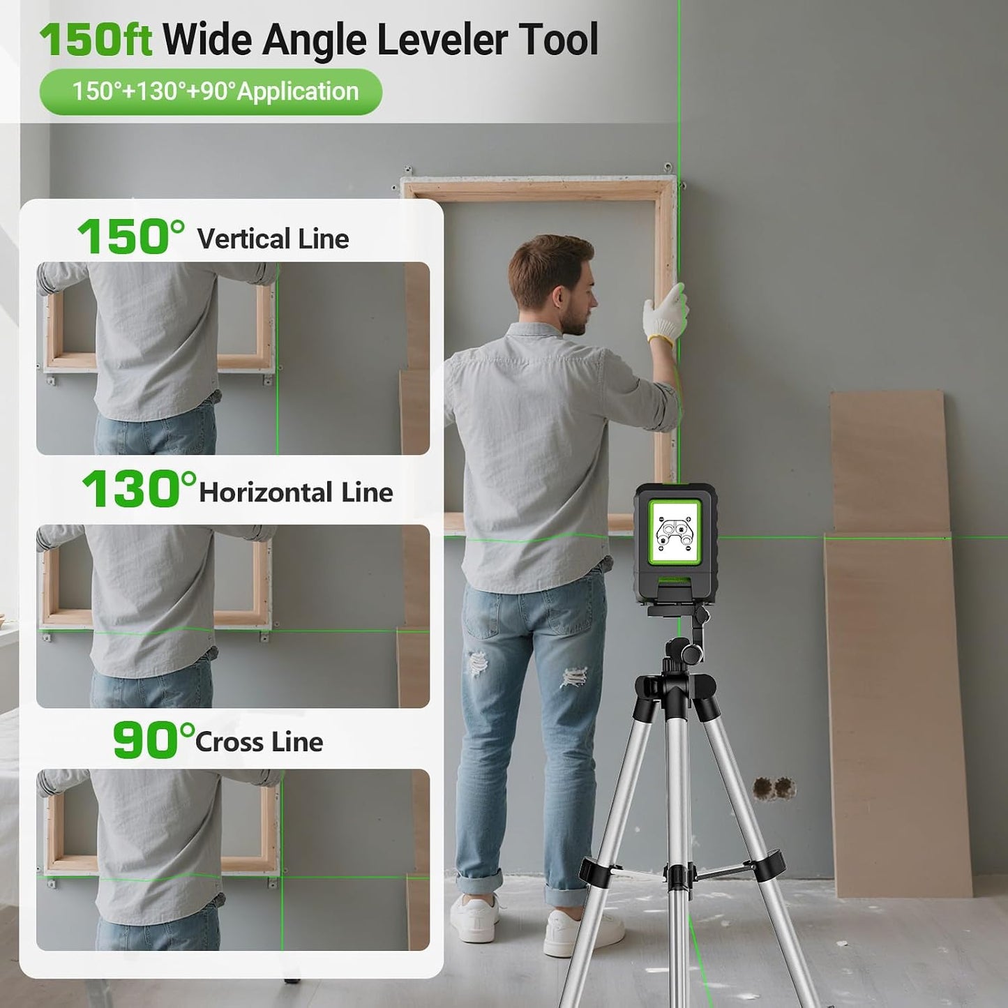 Laser Level with 40in Tripod, Huepar 150°/150Ft Self Leveling Lazer Leveler Tool with Pulse Mode (197Ft), Switchable Green Cross Line for Picture Hanging, Tile, DIY/Construction Project