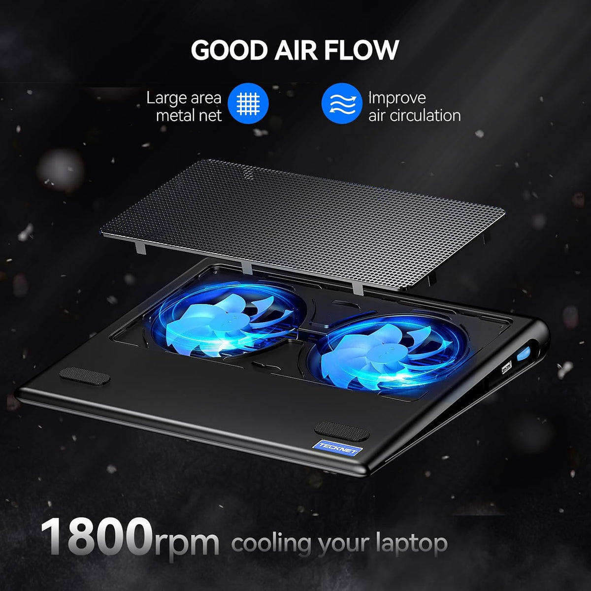 TECKNET Laptop Cooling Pad - 12"-15.6" Laptop Cooler with Quiet Cooling Fan | USB-A & USB-C Powered Cooling Stand with Adjustable Wind Speeds for Gaming, Work & Everyday Computing, Blue LED