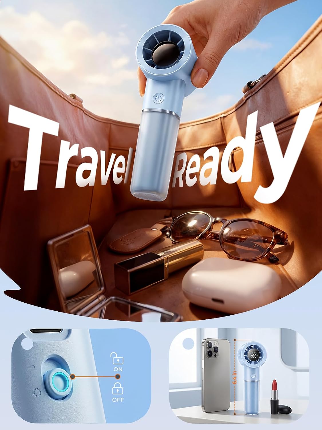 Handheld Portable Fan, 6-Speed Rechargeable Powerful Mini Fan | 5000mAh Battery Up to 15 Hours Runtime, Smart LED Display, Pocket Turbo Personal Fan for Travel, Camping, Makeup