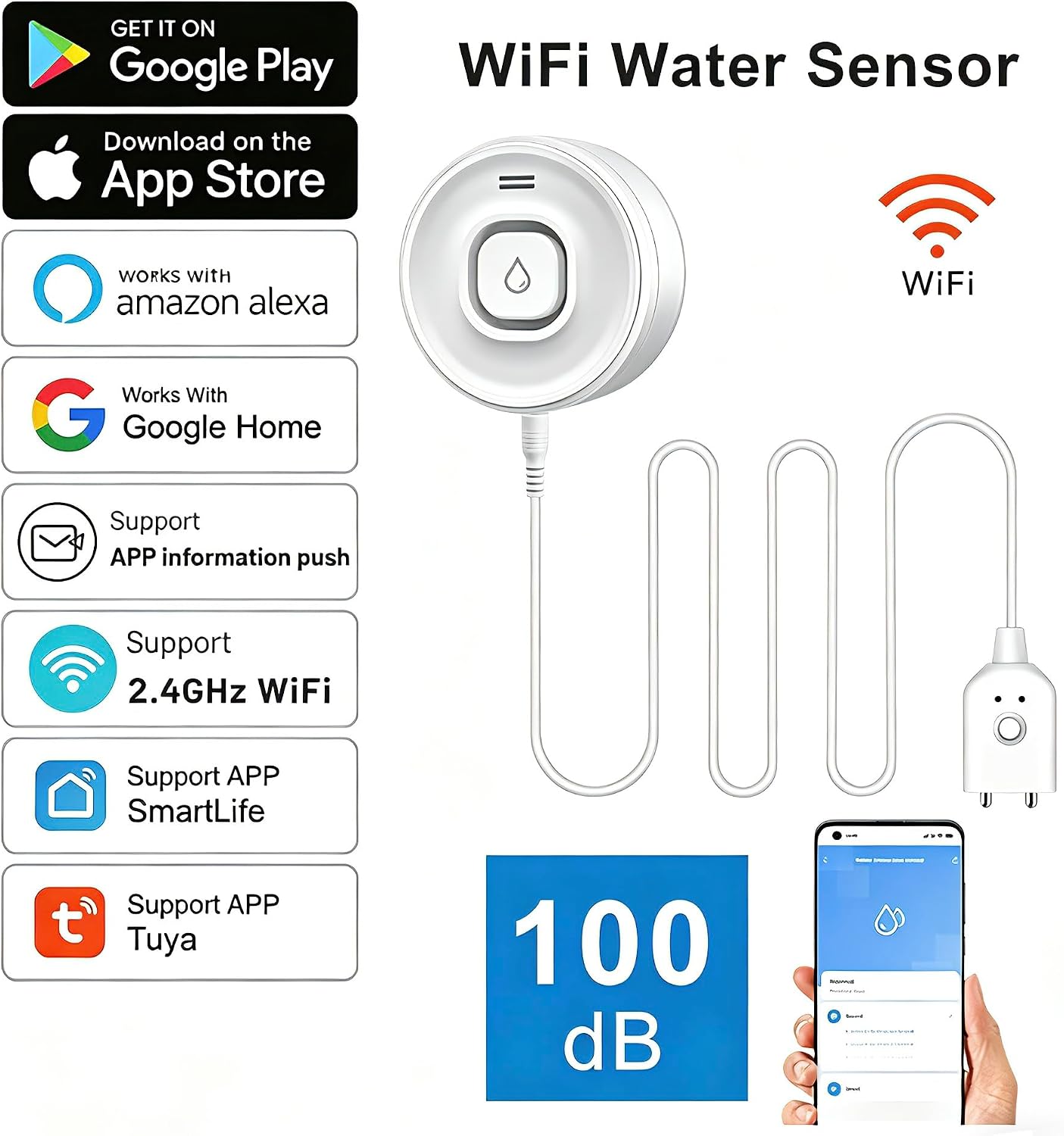 Wi-Fi Water Leak Detector, 100dB Adjustable Audio Alarm Sensor, Sensitive Leak & Drip Alert with Remote Email & APP Notification, for Home and Basement 1PC