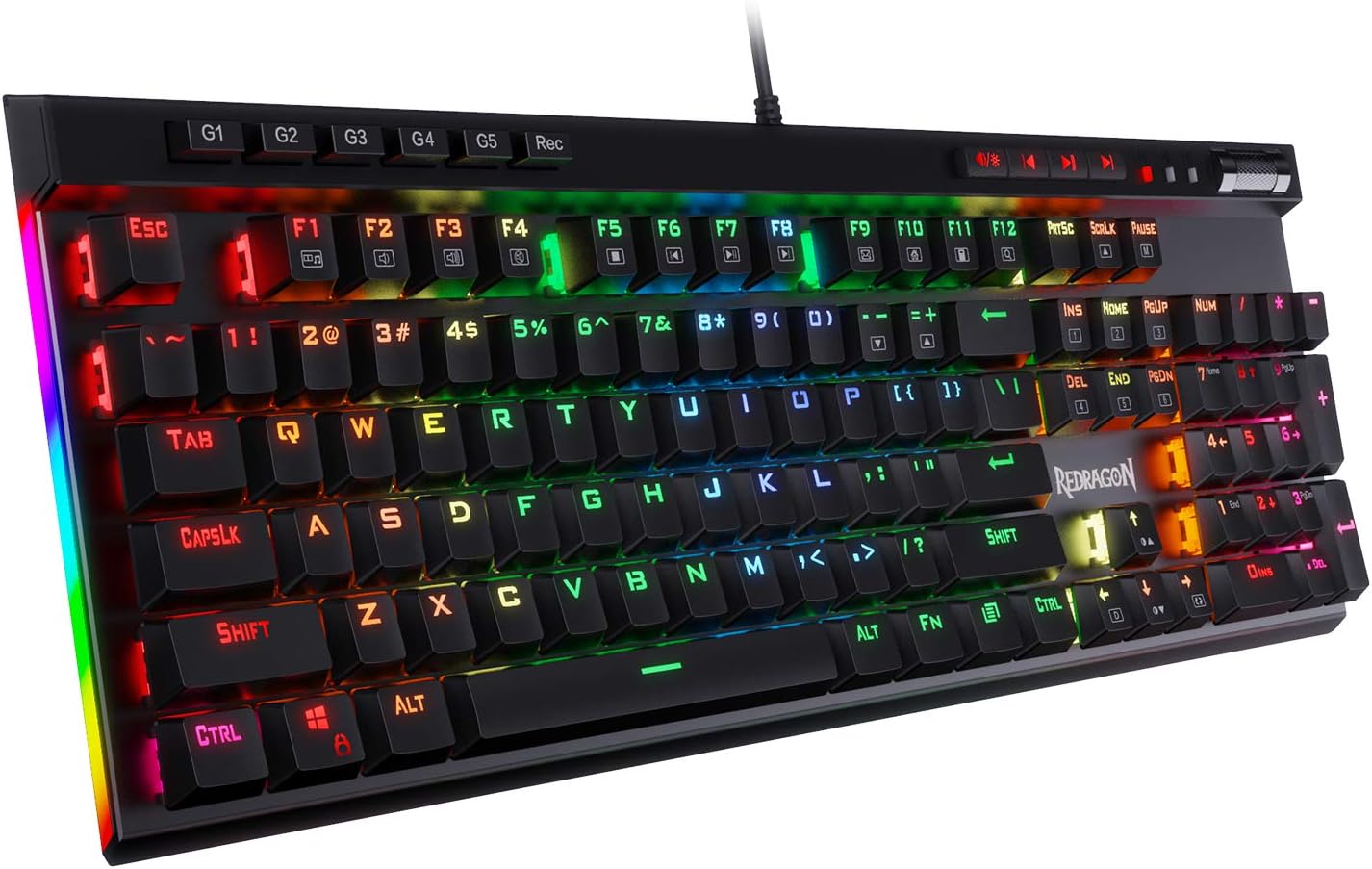 Redragon K580 Wired RGB Mechanical Gaming Keyboard, Macro Key & Media Wheel | 5 On-Board Keybinding Buttons for MMO MOBA Games, Dedicated Media Controls, Classic Tactile Blue Switch for Hype Typing Feel