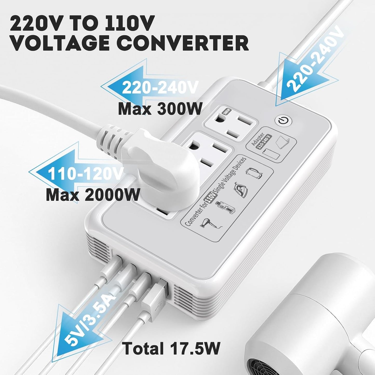 Mapambo 2000W 220V to 110V Converter for Hair Dryer, Voltage Converter US to Europe, Converter for European Travel with Type G C I L, Universal Travel Adapter with 2 USB-C 2 USB-A (Gray)