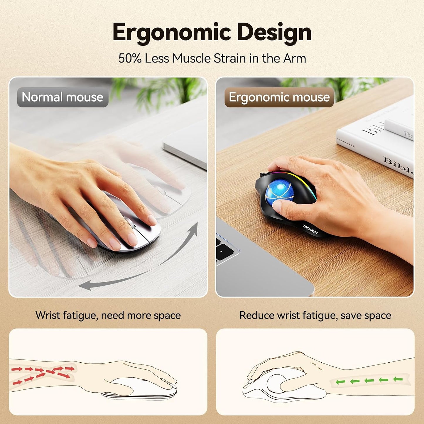 TECKNET Wireless Trackball Mouse, Bluetooth Mouse with Ergonomic, Black | 3-Device Connectivity (Bluetooth & 2.4G), 5 Adjustable DPI, RGB Lighting, PC, Mac & Laptop Compatible