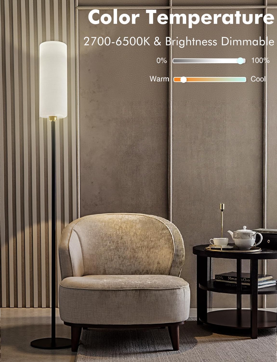 YHW LED Floor Lamp for Living Room with 3 Color Temperatures, Standing Lamp Tall Industrial Reading for Bedroom, Office, 12W LED Bulb, Beige Lampshade Included 68.89‘’