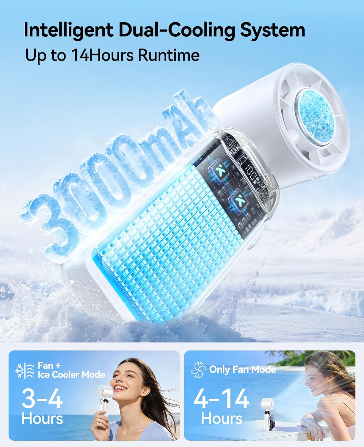 KIMMOO Handheld Portable Turbo Fan with Ice Cooler, Powerful 21000 RPM, Speed (1-199), Up to 14Hrs Cooling, Rechargeable Personal Fan, Small Pocket Hand Fans for Travel/Outdoor/Home/Office (White)