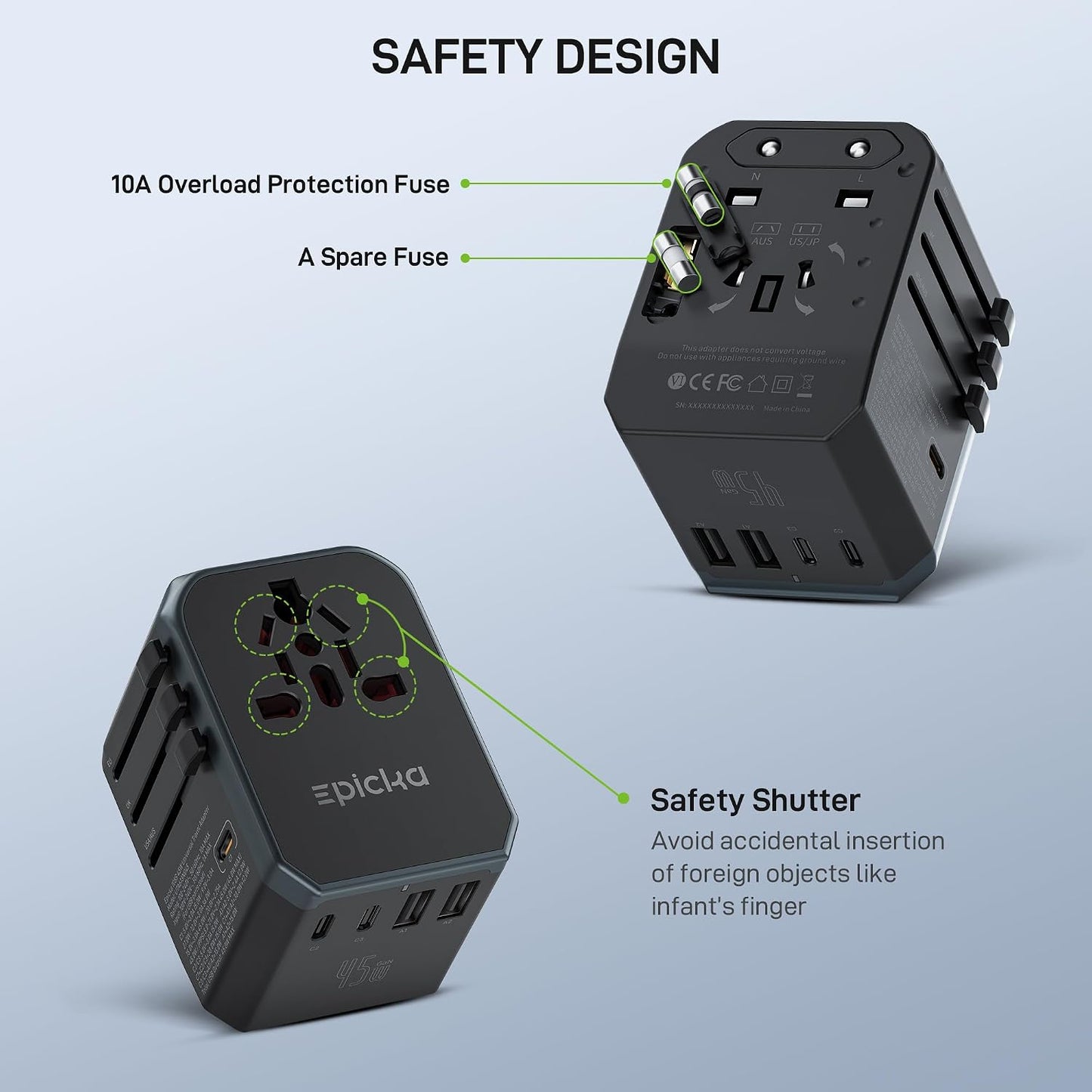 EPICKA 45W Universal Travel Adapter PD&QC, 1AC/4USB-C/1USB-A | Travel Plug Adapter for EU/US/UK/AUS, Fast Charging for Multi-Device, Not A Voltage Converter, TA-105S, Black