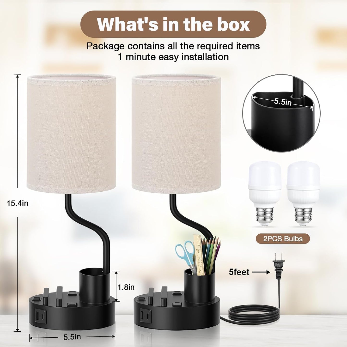 Fenmzee Bedside Lamps for Bedroom Set of 2 - Table Desk Lamp for Nightstand | 15" Table Lamp for Living Room with Pen Holder & Phone Stand, USB A+C Port, AC Outlet, 3 Color Temperature, LED Bulb Included