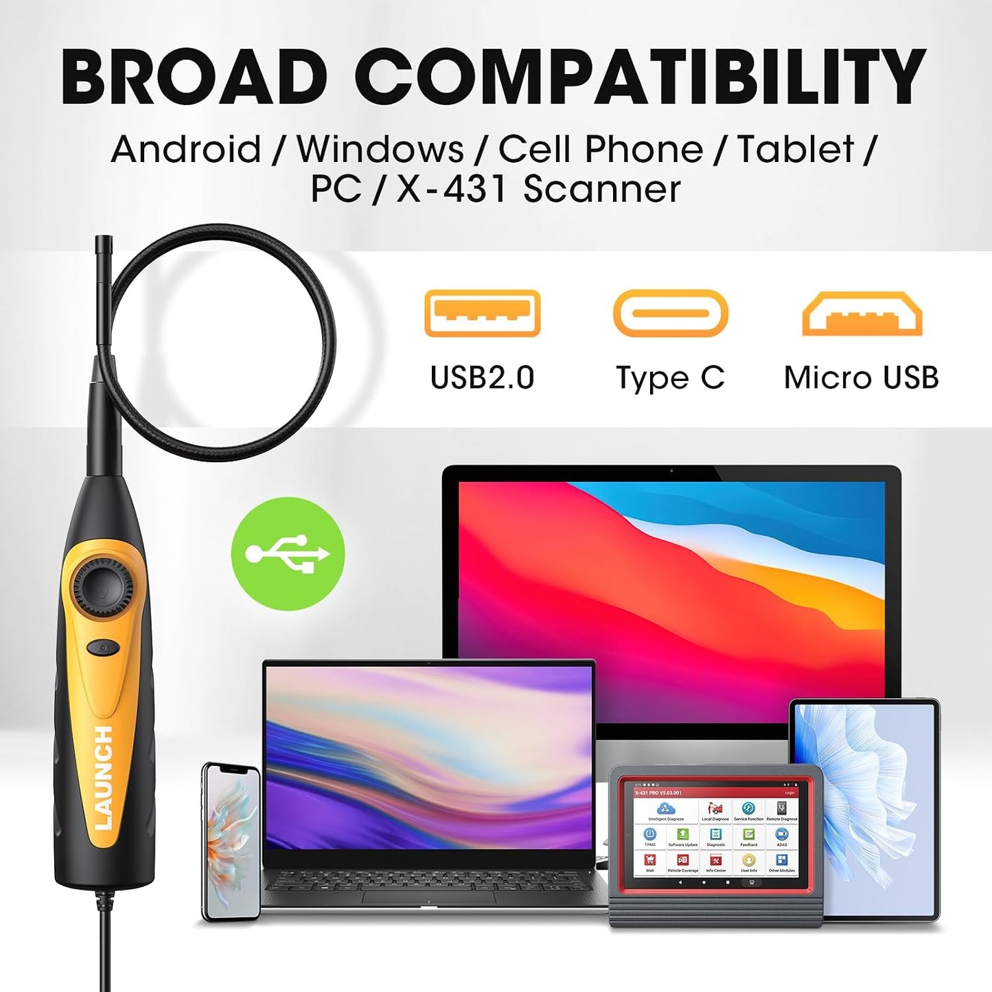 LAUNCH VSP-600 Endoscope 5.5mm Ultra-Thin, Lens HD Wide Application Videoscope Borescope high Definition Multi-Angle Imaging One-Click Snapshot IP67 Waterproof with 2000mm USB Cable