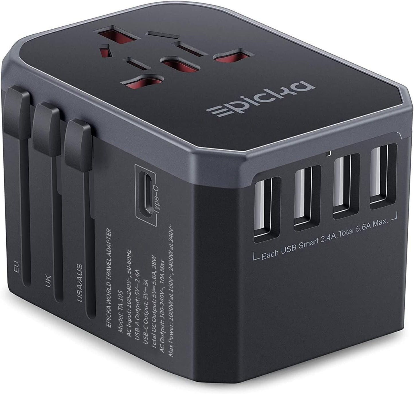 EPICKA Universal Travel Adapter with 1AC/1 USB-C/4 USB-A Ports | Travel Plug Adapter for EU/US/UK/AUS, Supports Charging for Multi-Device, Not A Voltage Converter, TA-105, Grey