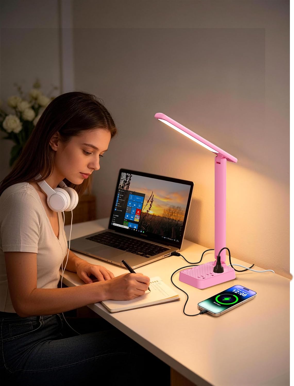 LED Desk Lamp with Power Strip, 3 AC Outlets, 4 USB Ports, Stepless Dimming